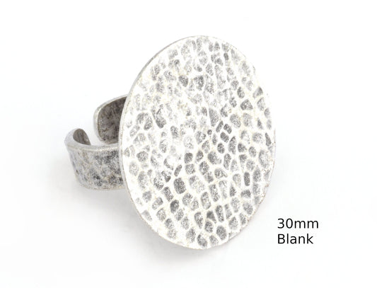 Hammered Adjustable Ring Blank - Antique Silver Plated Brass (30mm Blank ) 4916