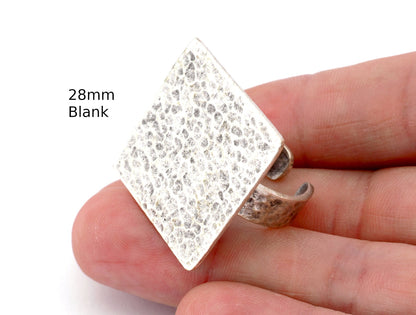 Square Hammered Adjustable Ring Blank Bezel Base - Antique Silver Plated Brass (28mm Blank ) 4933