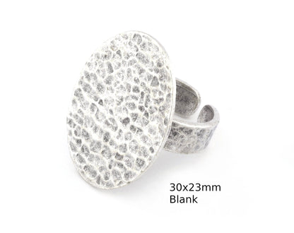 Oval Hammered Adjustable Ring Blank Bezel Base - Antique Silver Plated Brass (30x23mm Blank ) 4935
