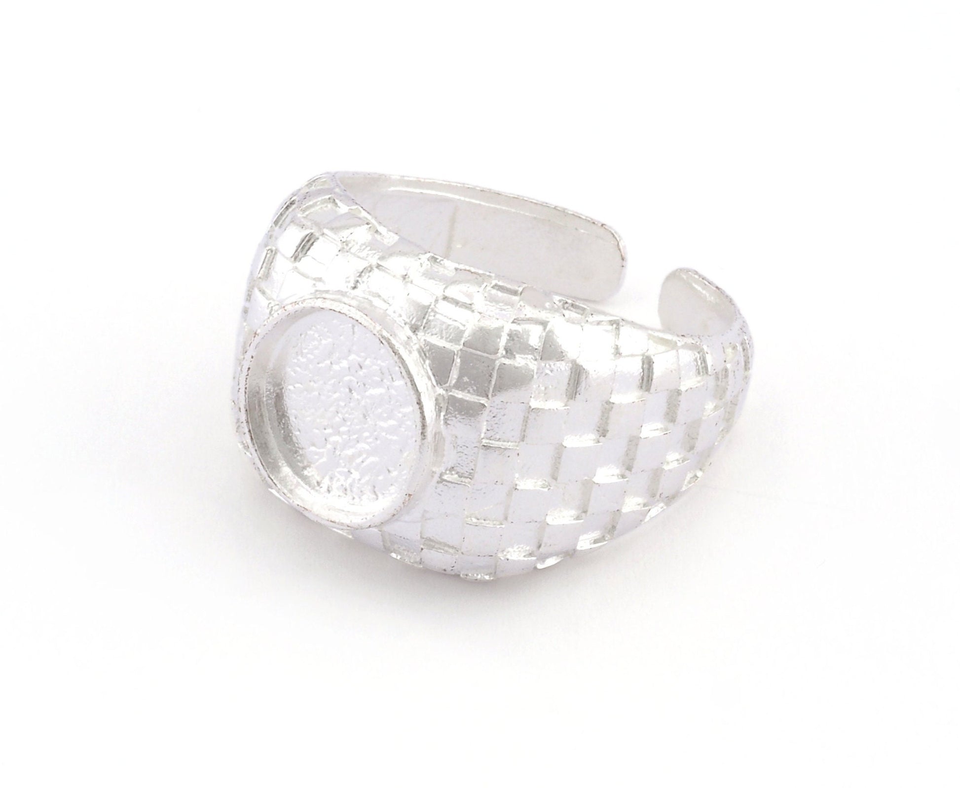 Square Checker Adjustable Ring Round Blank Bezel Setting - Shiny Silver Plated Brass (10mm Blank ) 4918