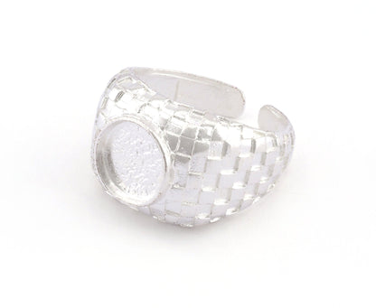 Square Checker Adjustable Ring Round Blank Bezel Setting - Shiny Silver Plated Brass (10mm Blank ) 4918