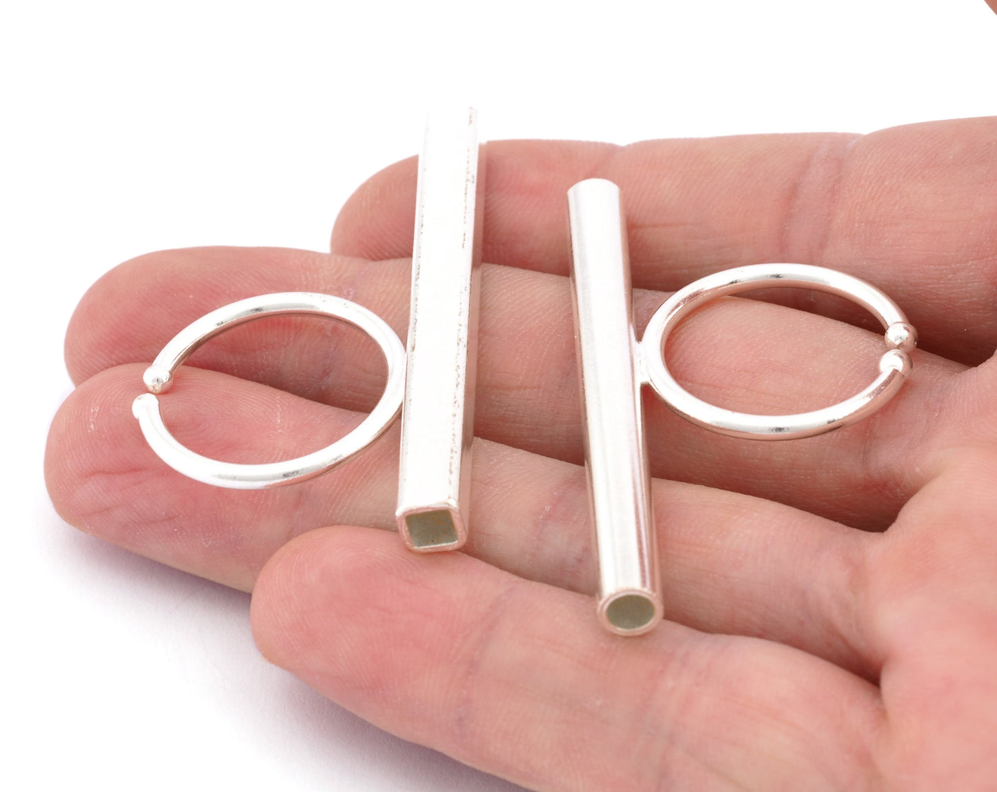 Square Round Tube Adjustable Ring Blank - Shiny Silver Plated Brass (50mm Tube ) 4917 - 5037