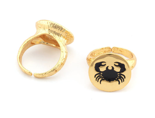 Crab Cancer Horoscope Ring Bark Textured Band Round Adjustable Enamel Filled - Shiny Gold Plated brass (5 - 8.5US inner size) OZ4862