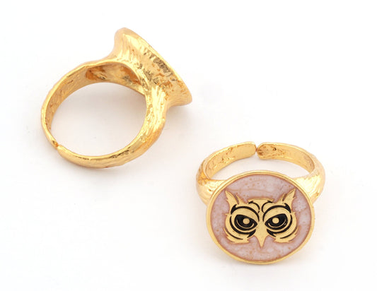 Owl Bird Animal Adjustable Ring Enamel Filled - Shiny Gold Plated Brass (6US - 9US inner size) 4910