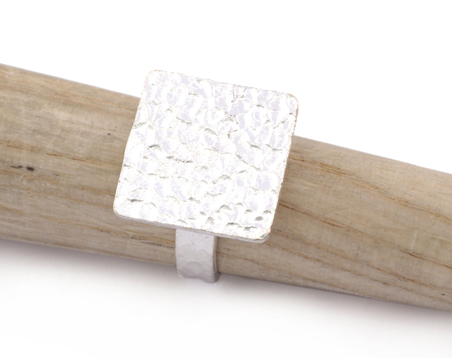 Square Hammered Adjustable Ring Blank - Shiny Silver Plated Brass (18mm Blank ) 4950