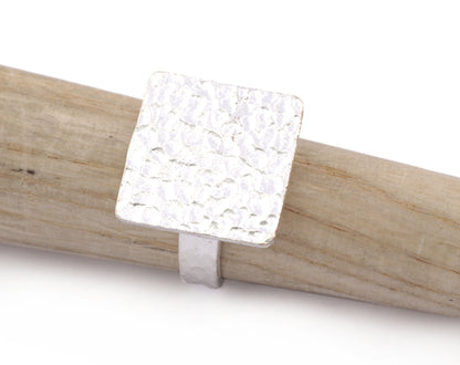 Square Hammered Adjustable Ring Blank - Shiny Silver Plated Brass (18mm Blank ) 4950