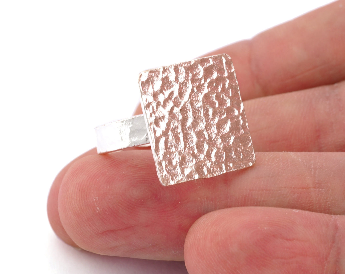 Square Hammered Adjustable Ring Blank - Shiny Silver Plated Brass (18mm Blank ) 4950