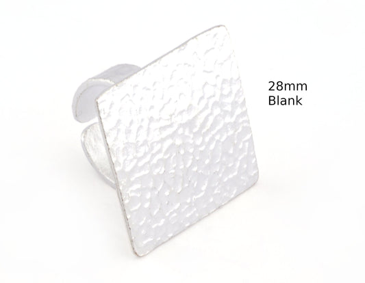 Square Hammered Adjustable Ring Blank Bezel Base - Shiny Silver Plated Brass (28mm Blank ) 4933