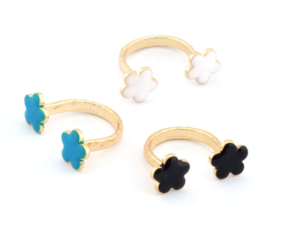 Flower Adjustable Ring Hammered Enamel Filled - Shiny Gold Plated Brass Ring (6US and 8US size ) Oz4179