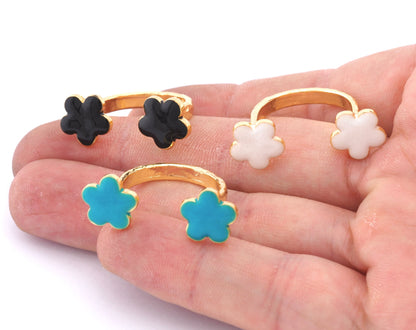 Flower Adjustable Ring Hammered Enamel Filled - Shiny Gold Plated Brass Ring (6US and 8US size ) Oz4179