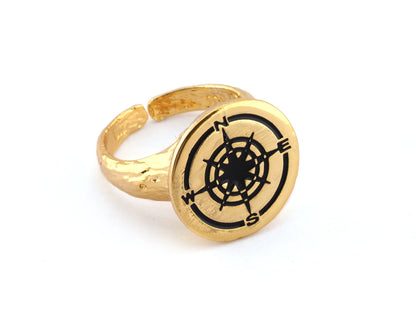 Compass North South West East Adjustable Ring Enamel Filled - Shiny Gold Plated (6US - 9US inner size) 4909