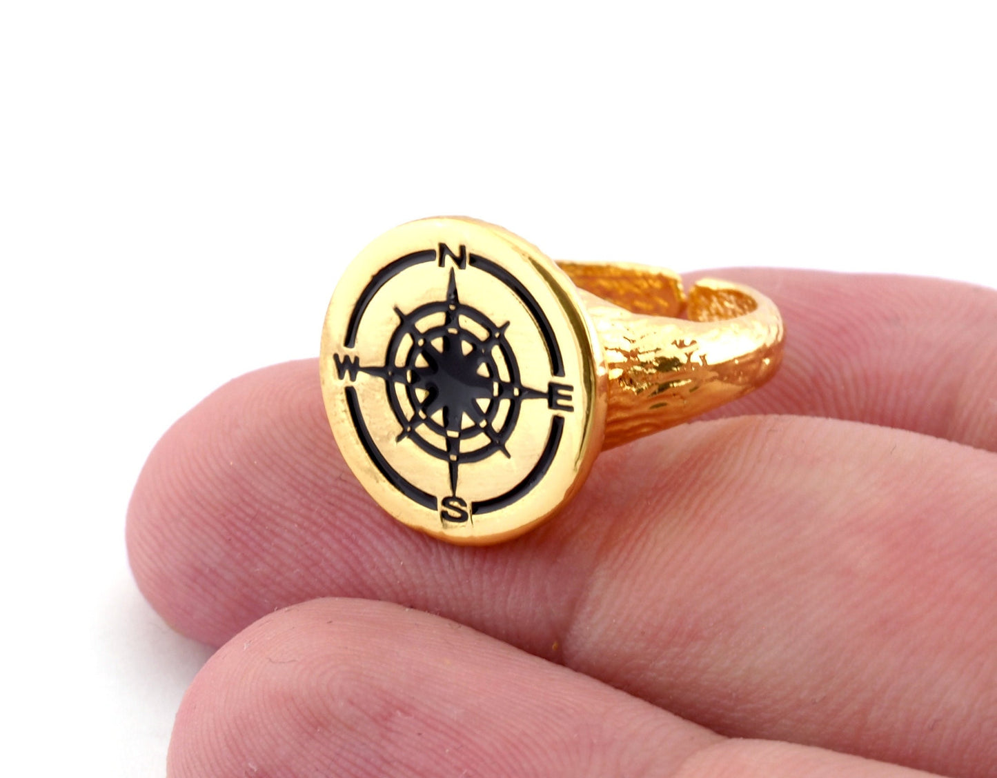 Compass North South West East Adjustable Ring Enamel Filled - Shiny Gold Plated (6US - 9US inner size) 4909
