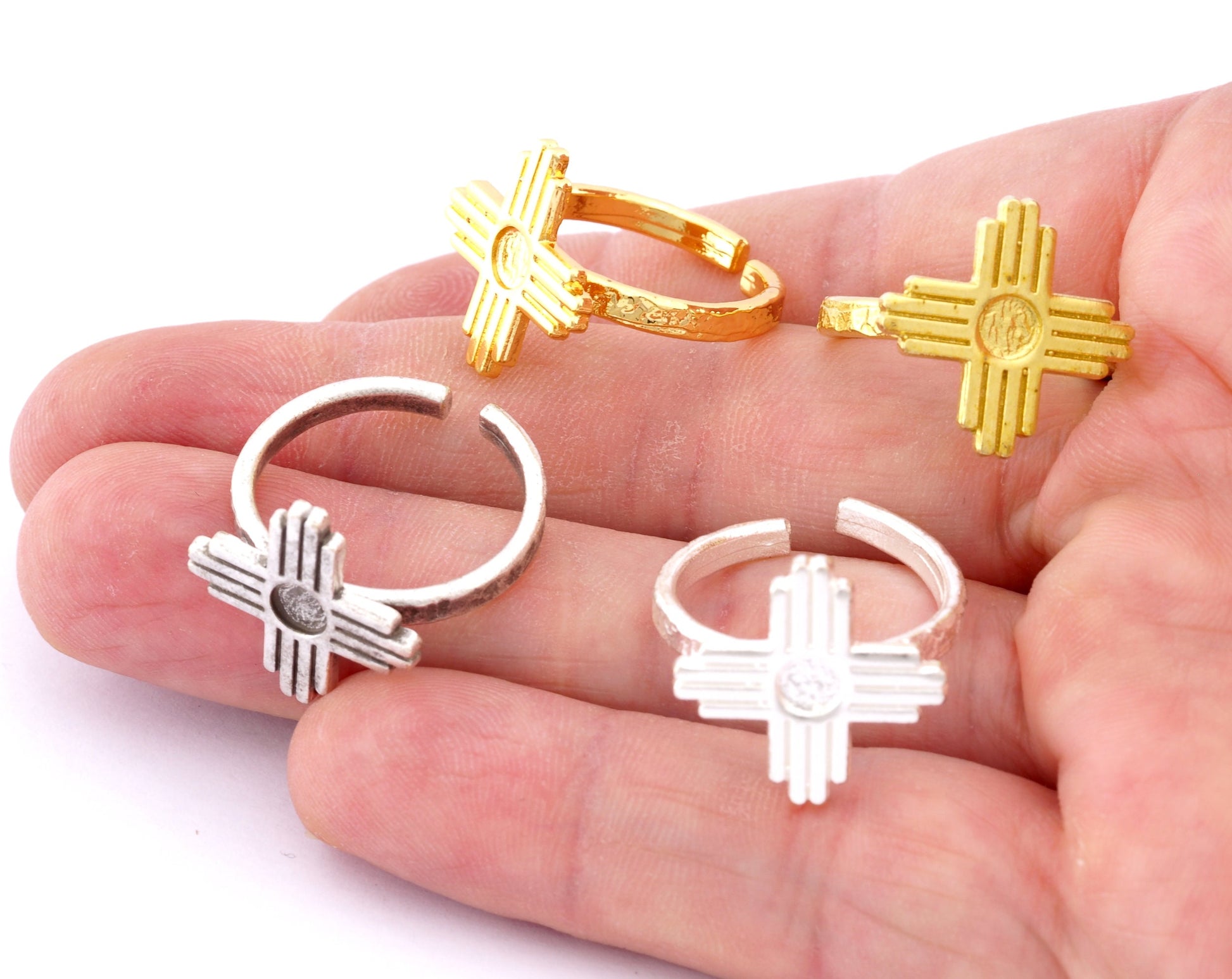 Zia Ring Sun Symbol Round Blank Bezel Settings Base Adjustable Raw Brass - Shiny silver - Antique silver -Gold, Bronze 4mm blank) OZ4975