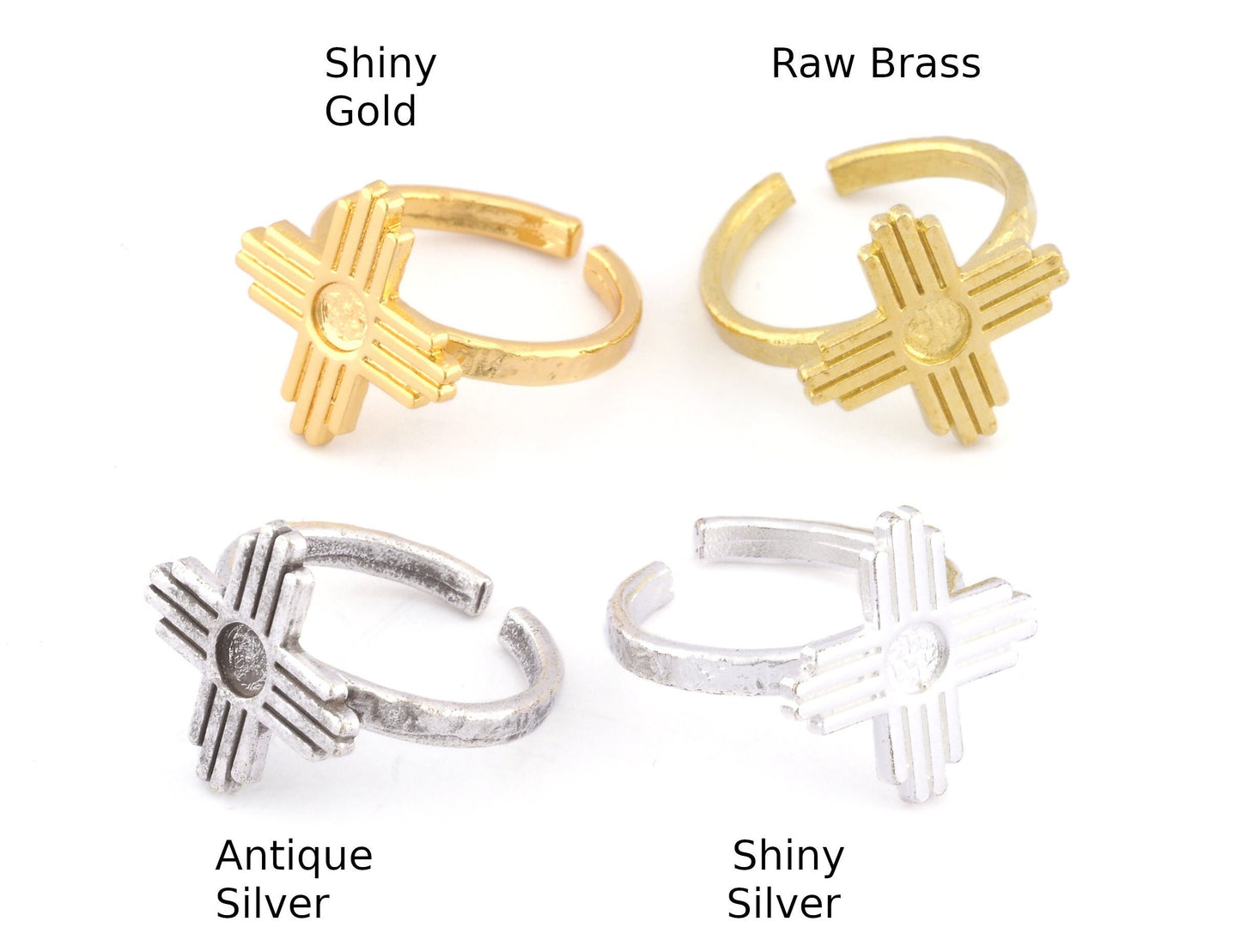 Zia Ring Sun Symbol Round Blank Bezel Settings Base Adjustable Raw Brass - Shiny silver - Antique silver -Gold, Bronze 4mm blank) OZ4975