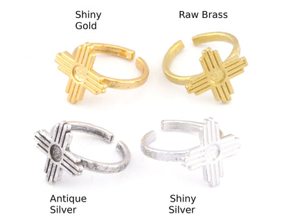 Zia Ring Sun Symbol Round Blank Bezel Settings Base Adjustable Raw Brass - Shiny silver - Antique silver -Gold, Bronze 4mm blank) OZ4975