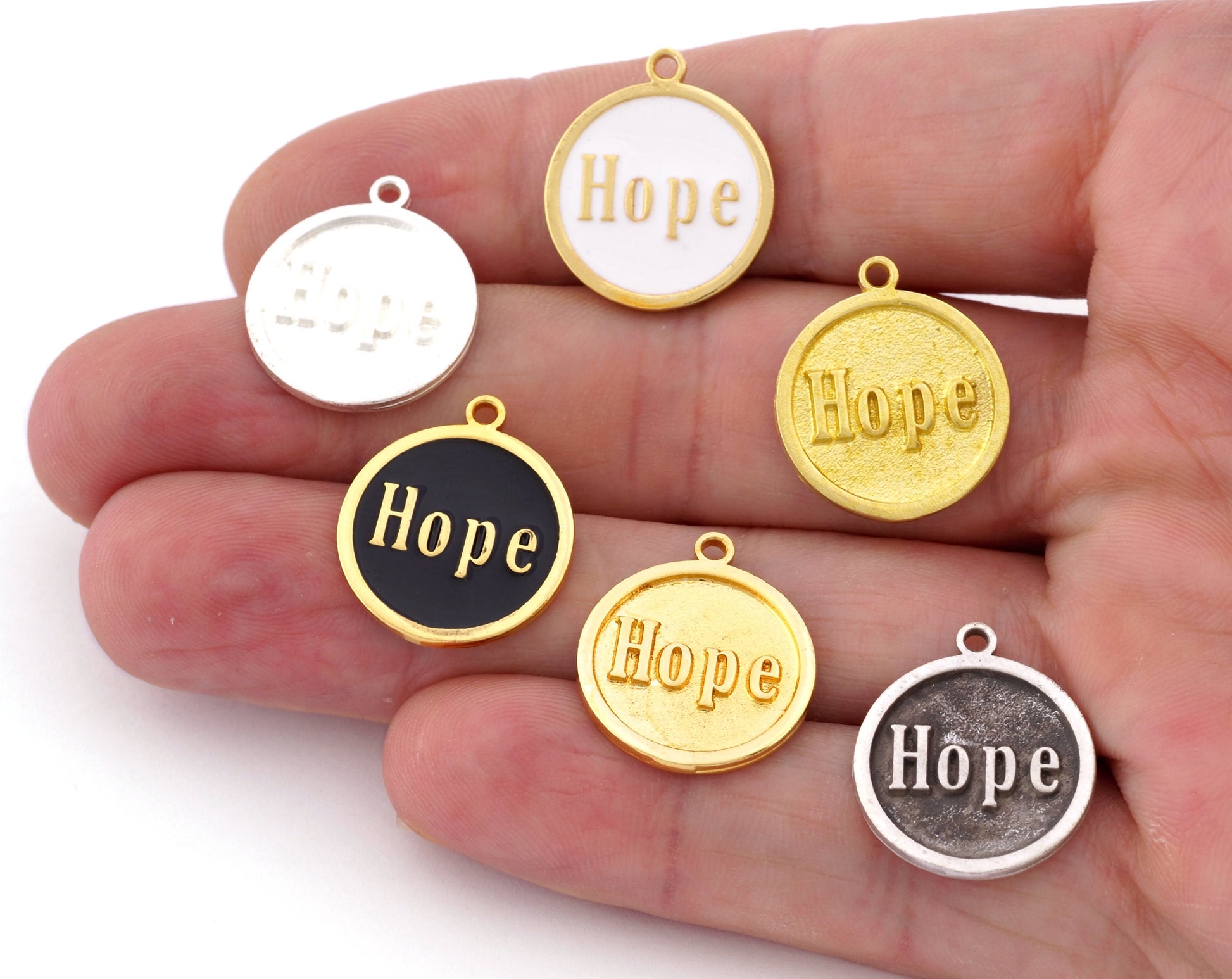 Hope Round Disc Charms Pendant Raw Brass - Shiny Silver Plated - Antique Silver plated - Shiny Gold Plated 20x17mm Charms OZ4904 - 200