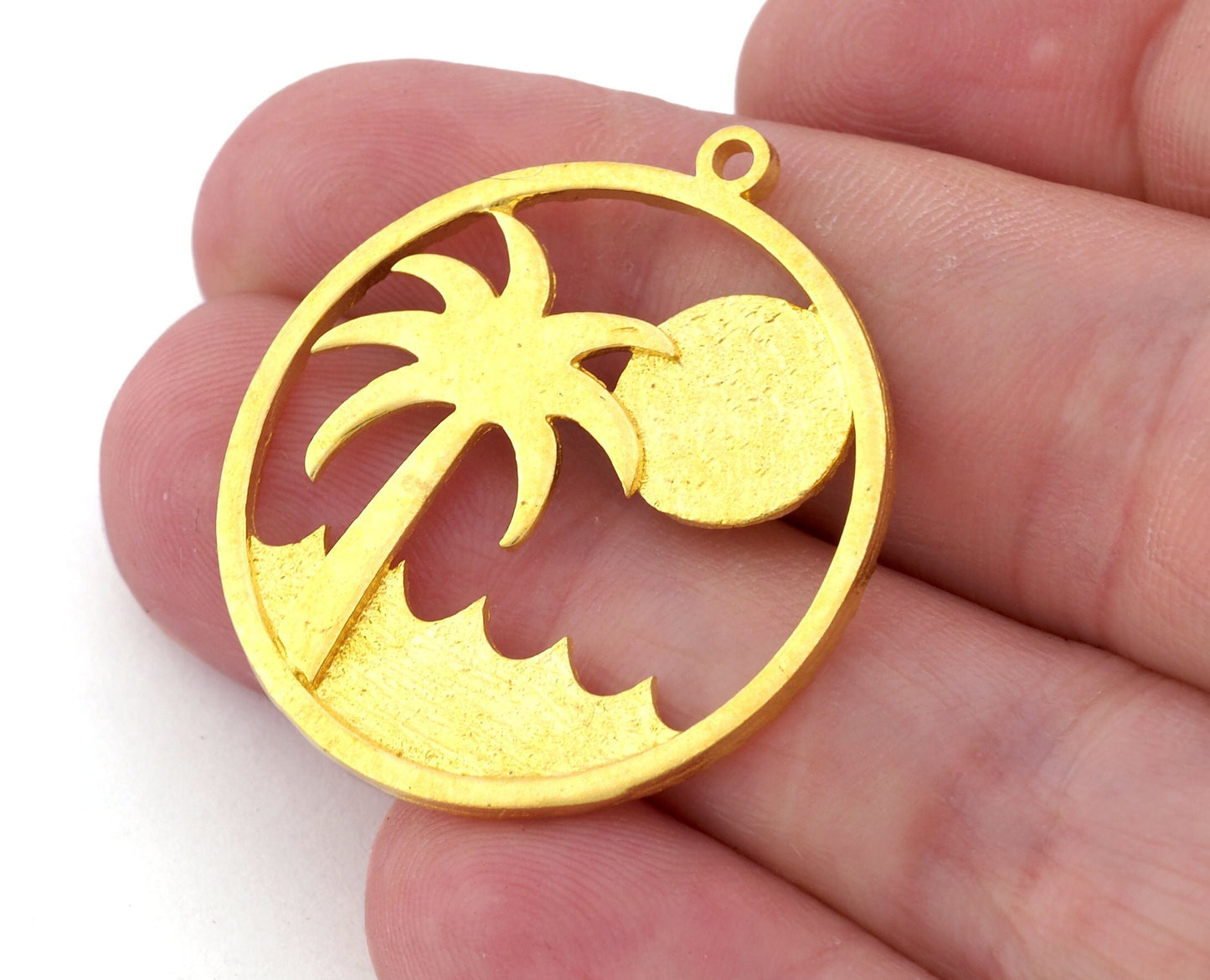 Palm Sun Beach Wave Charms Round Pendant Raw Brass 33x29mm 5013