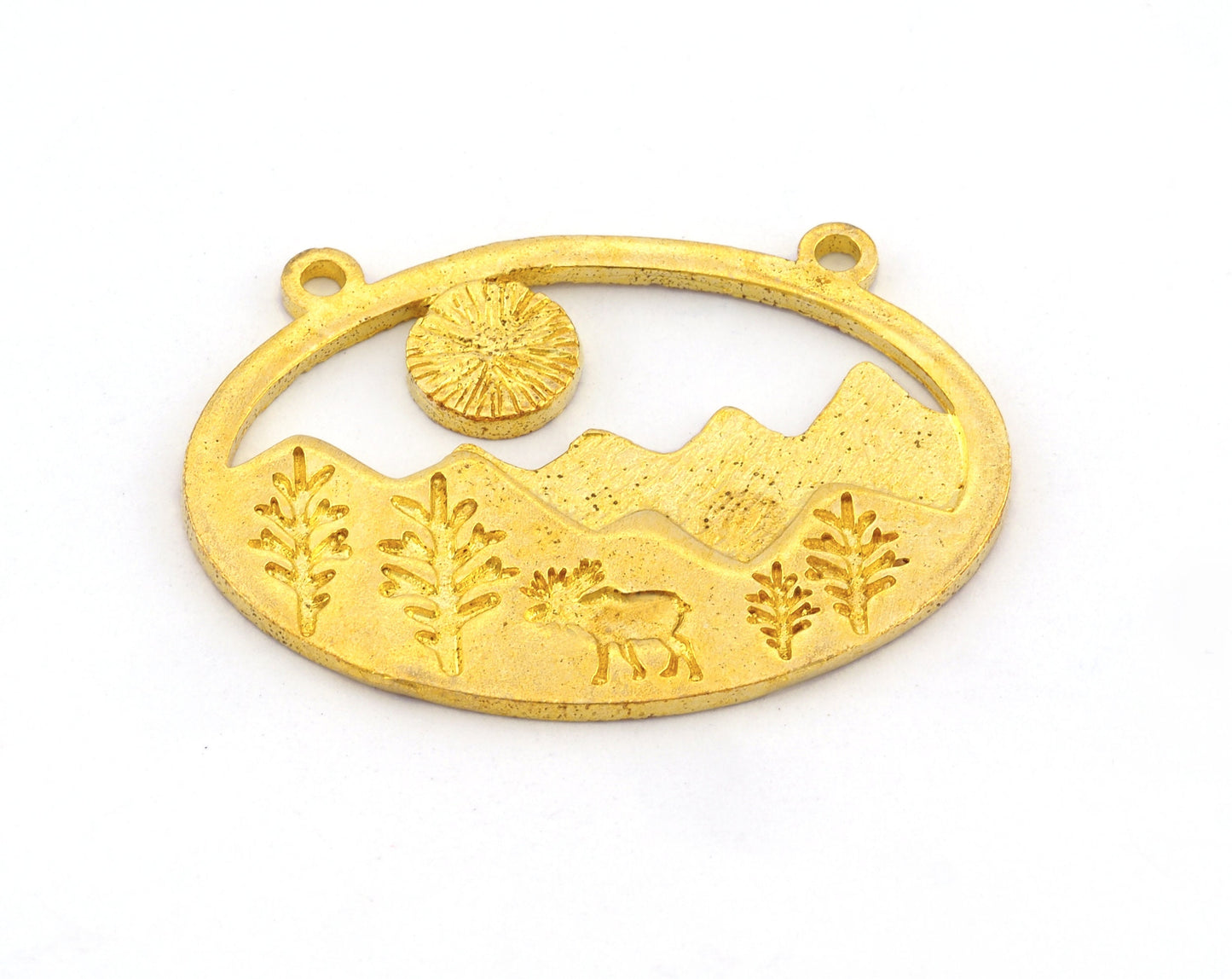 Landscape Deer Tree Forest Charms Connector Mountain Pendant Raw Brass 36x25mm 5014