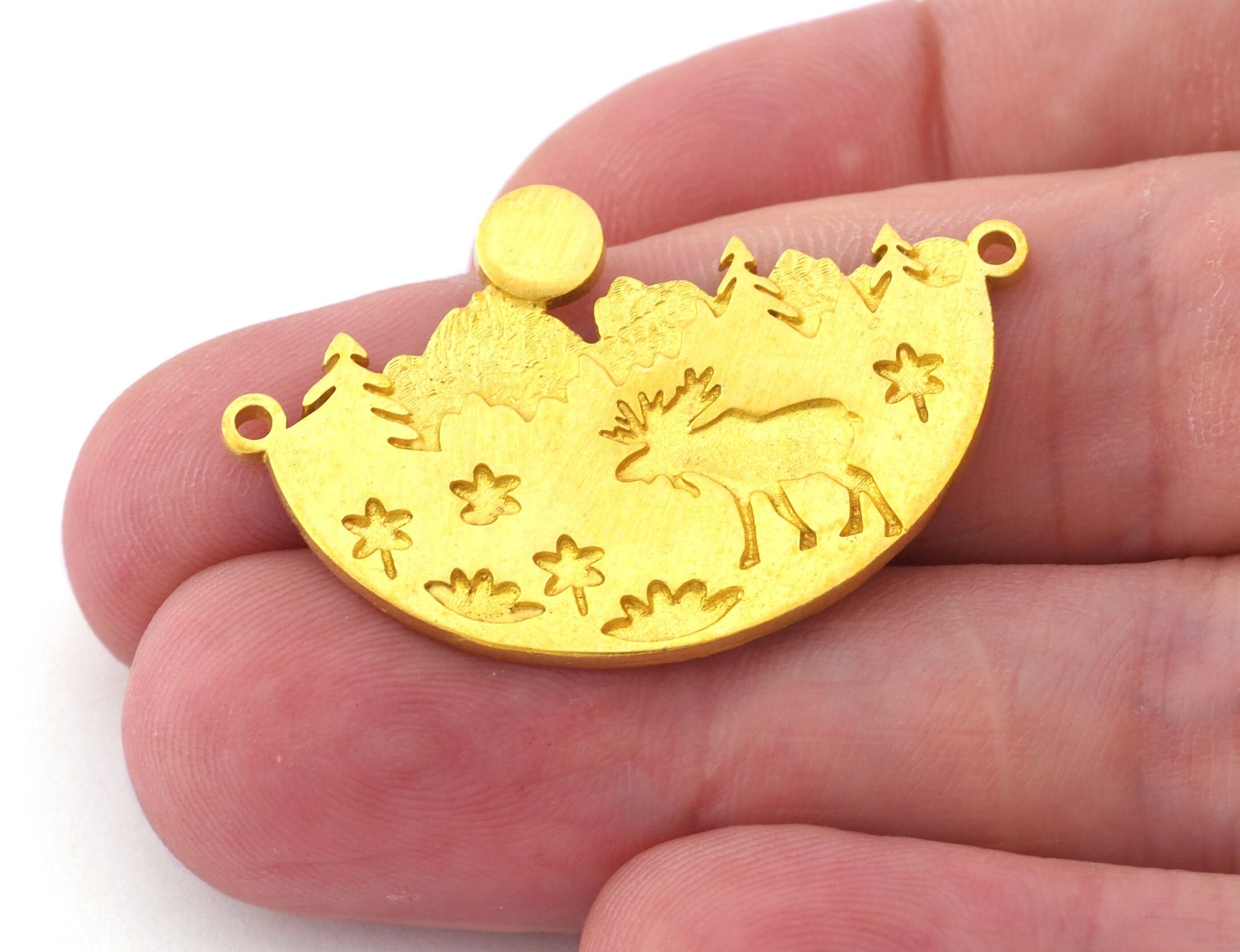 Landscape Deer Tree Forest Charms Connector Mountain Pendant Raw Brass - Antique Silver - Shiny Silver - Shiny Gold Plated 38x24mm 5033