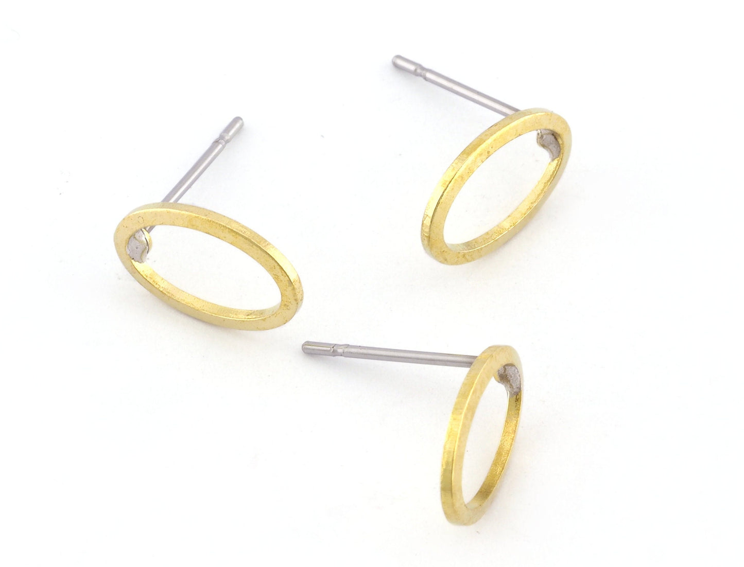 Oval frame earring post stud Raw brass 11x7mm 5019