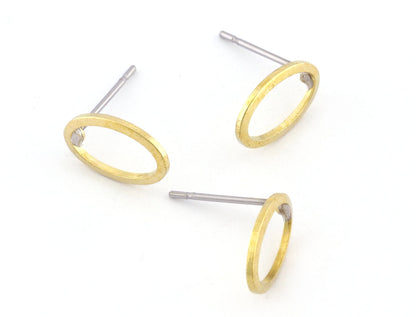 Oval frame earring post stud Raw brass 11x7mm 5019