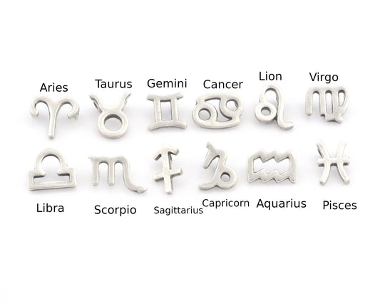 Horoscope Zodiac Symbols Pendant, 10 mm Add on charm Beads Bracelet Necklace Part Antique Silver Plated Brass 1798