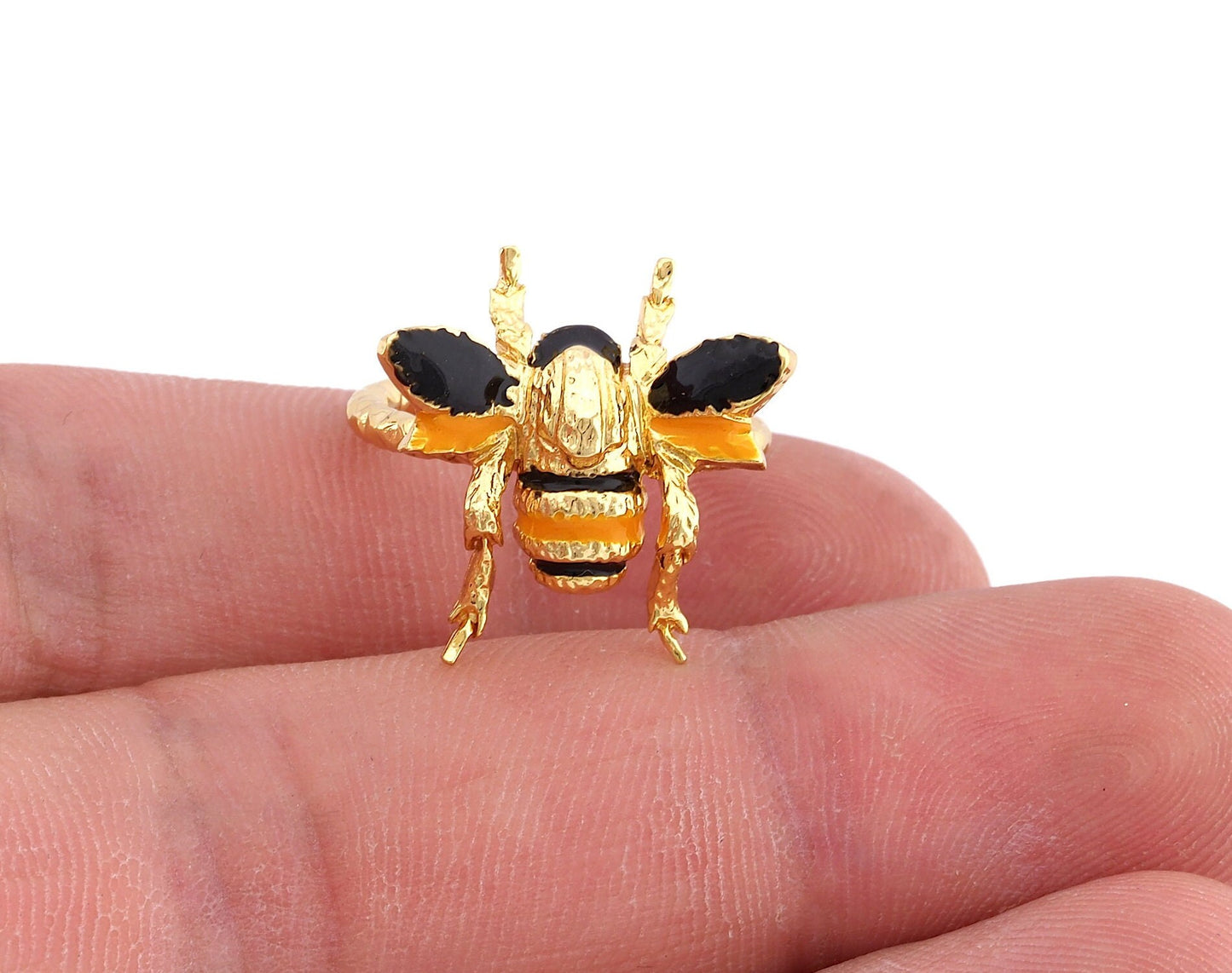 Bee Textured Ring Animal Adjustable Enamel Filled Shiny gold Plated Brass (16mm - 18.5mm 6US - 8.5US inner size) Oz4598