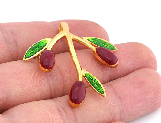 Olives Branch Leaf Charms Pendant Enamel Filled - Shiny Gold Plated Brass - 45x44mm 4937