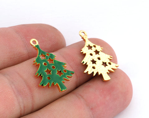 Decorated Tree Pine Charms Pendant Enamel filled - Shiny Gold Plated Brass 25x18mm 1.5 mm 1 hole chams 4868