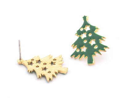 Decorated Pine Tree Winter Earring Stud Post Enamel Filled - Shiny Gold Plated Brass 23x18mm Earring Blanks 4869