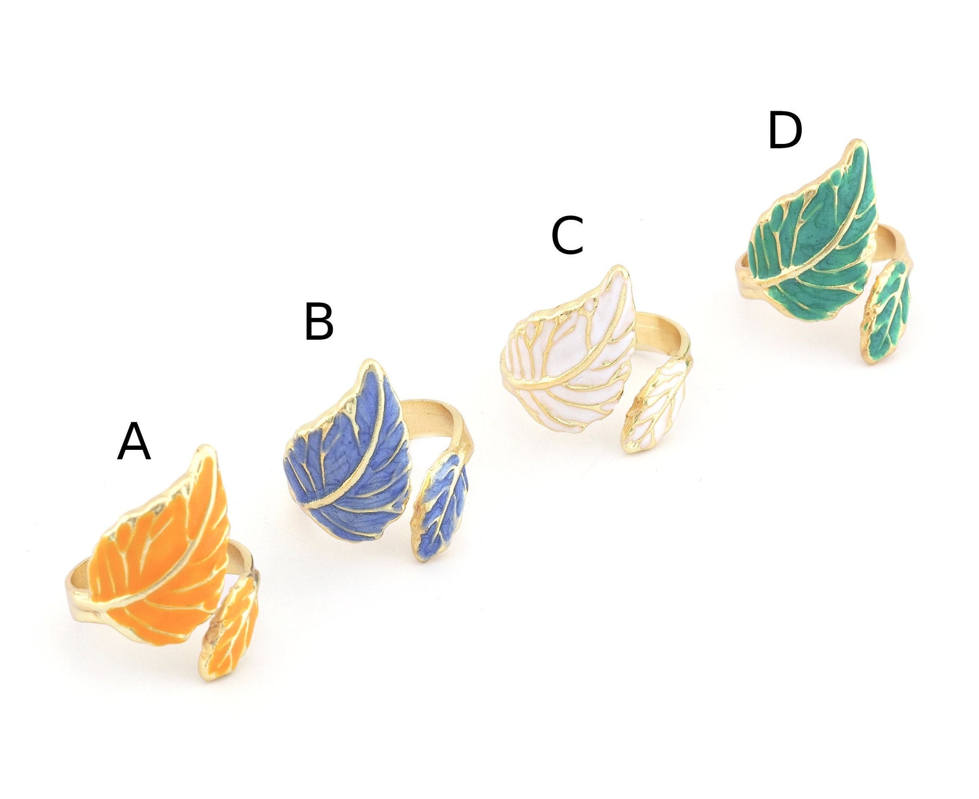 Leaf Ring Adjustable Ring Enamel Filled - Shiny Gold plated brass (17.5mm 7US inner size) OZ765