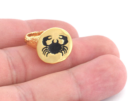 Crab Cancer Horoscope Ring Bark Textured Band Round Adjustable Enamel Filled - Shiny Gold Plated brass (5 - 8.5US inner size) OZ4862