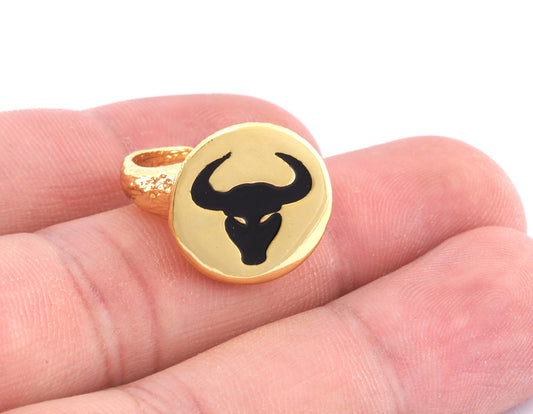 Bull Ring Taurus Horoscope Zodiac Horn Bark Textured Band Round Adjustable Enamel Filled - Shiny gold plated brass (5 - 8.5US size) OZ4860