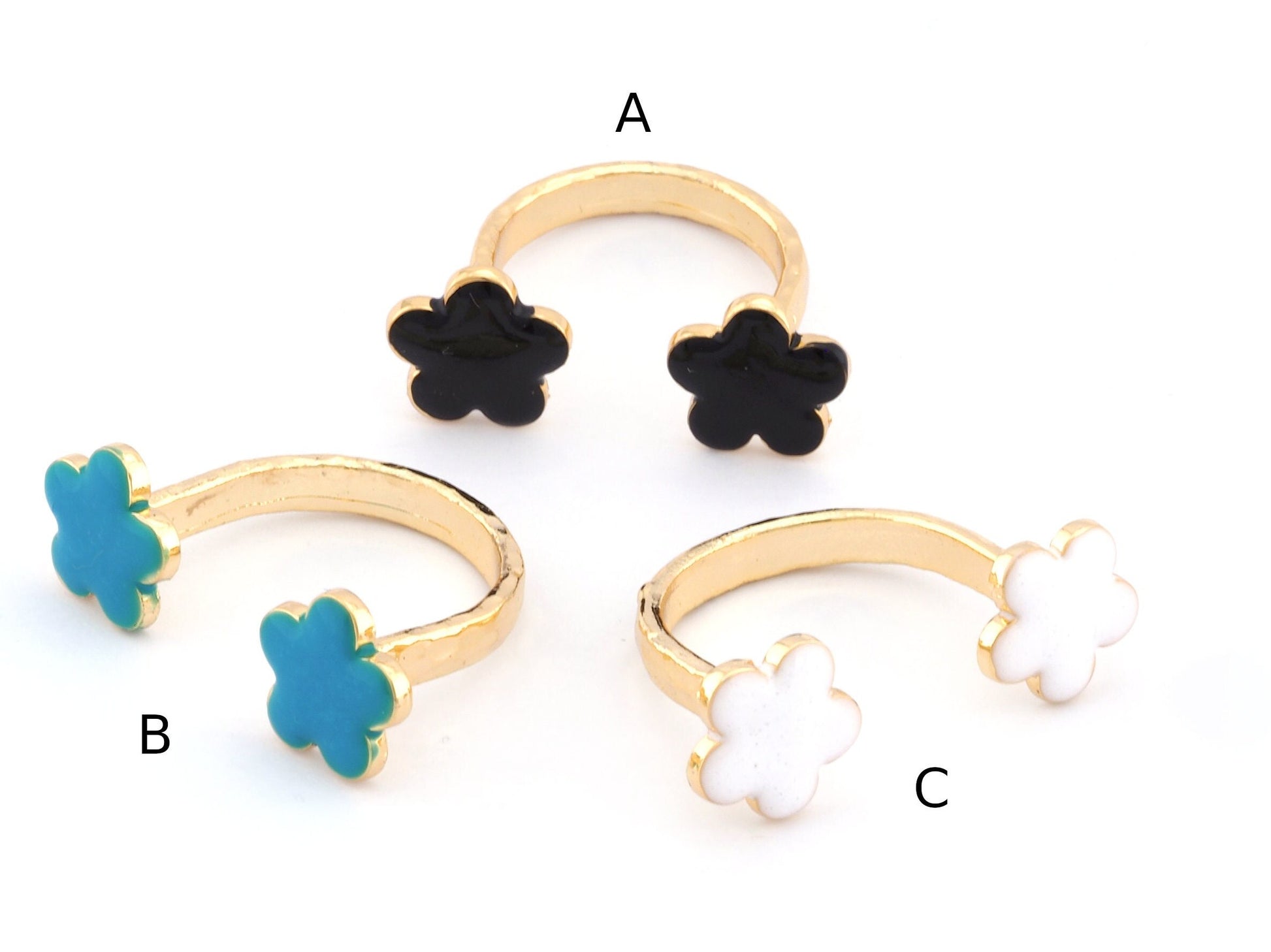 Flower Adjustable Ring Hammered Enamel Filled - Shiny Gold Plated Brass Ring (6US and 8US size ) Oz4179