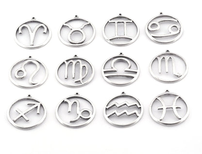 Horoscope Charms Astrological Zodiac Signs Symbols Pendant, Earring Charms Antique Silver Plated Brass (32x29mm) 5020 - 5031