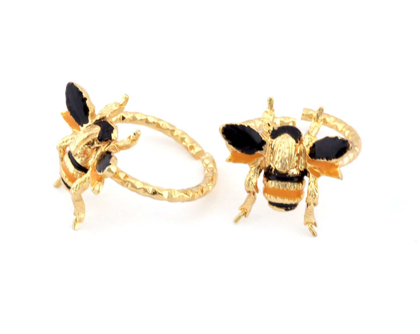 Bee Textured Ring Animal Adjustable Enamel Filled Shiny gold Plated Brass (16mm - 18.5mm 6US - 8.5US inner size) Oz4598