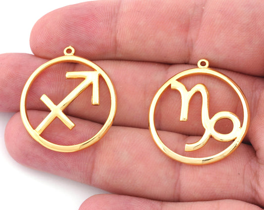 Horoscope Charms Astrological Zodiac Signs Symbols Pendant, Earring Charms Shiny Gold Plated Brass (32x29mm) 5020 - 5031