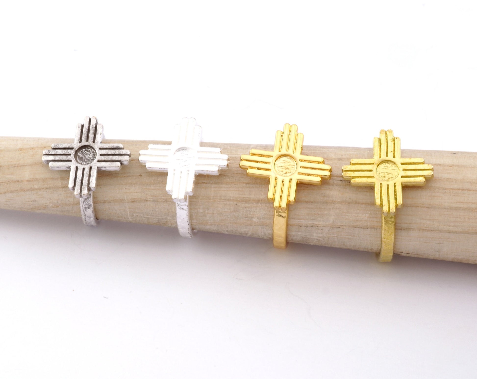 Zia Ring Sun Symbol Round Blank Bezel Settings Base Adjustable Raw Brass - Shiny silver - Antique silver -Gold, Bronze 4mm blank) OZ4975