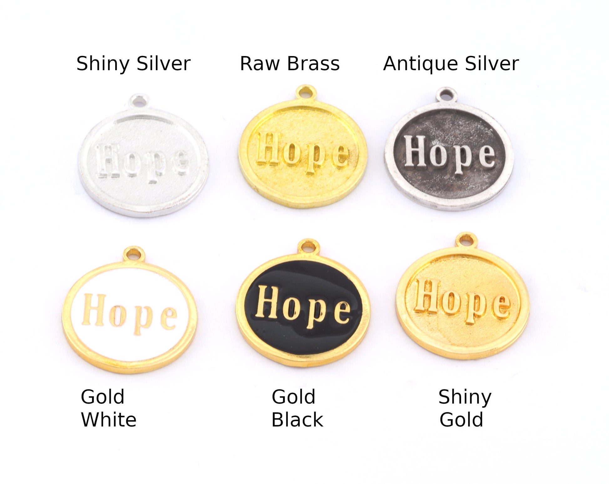 Hope Round Disc Charms Pendant Raw Brass - Shiny Silver Plated - Antique Silver plated - Shiny Gold Plated 20x17mm Charms OZ4904 - 200