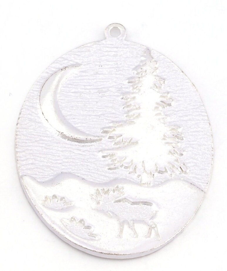 Pine Crescent Deer Landscape Tree Moon Charms Pendant Raw Brass - Antique Silver - Shiny Silver - Shiny Gold Plated 41x30mm 5016