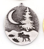 Pine Crescent Deer Landscape Tree Moon Charms Pendant Raw Brass - Antique Silver - Shiny Silver - Shiny Gold Plated 41x30mm 5016