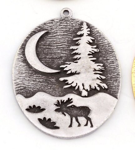 Pine Crescent Deer Landscape Tree Moon Charms Pendant Raw Brass - Antique Silver - Shiny Silver - Shiny Gold Plated 41x30mm 5016