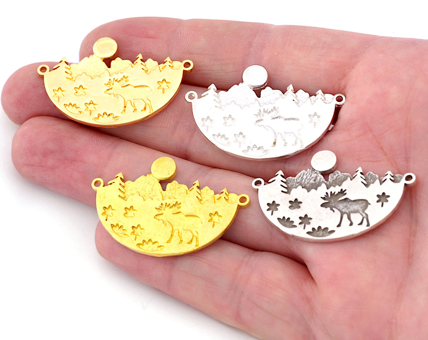 Landscape Deer Tree Forest Charms Connector Mountain Pendant Raw Brass - Antique Silver - Shiny Silver - Shiny Gold Plated 38x24mm 5033