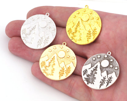 Pine Forest Moon Sun Landscape Tree Charms Pendant Raw Brass - Antique Silver - Shiny Silver - Shiny Gold Plated 34x30mm 5017