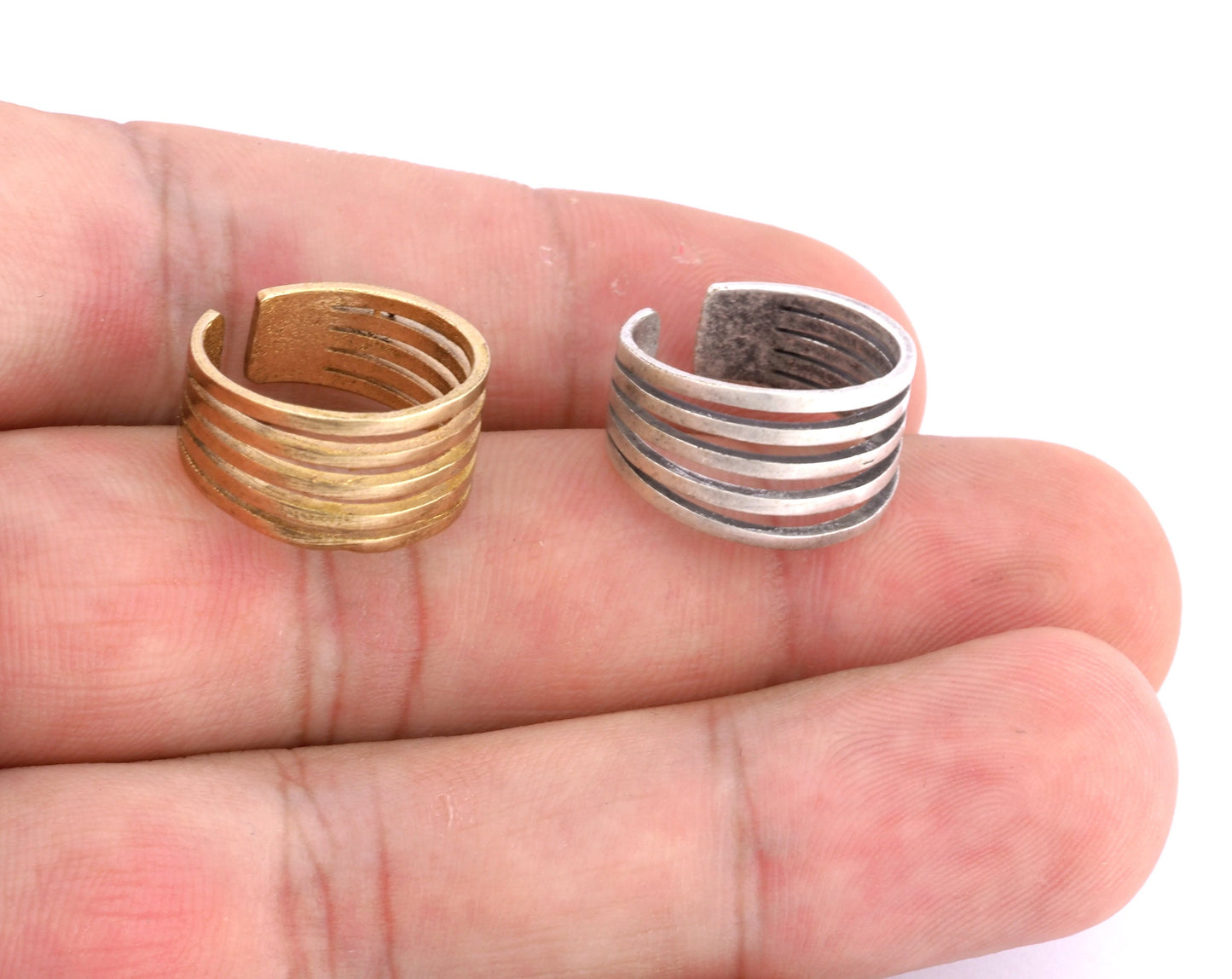 Minimalist Lines Adjustable 5 line Ring Raw brass - Antique Silver Plated (4 - 6US inner size) 5036