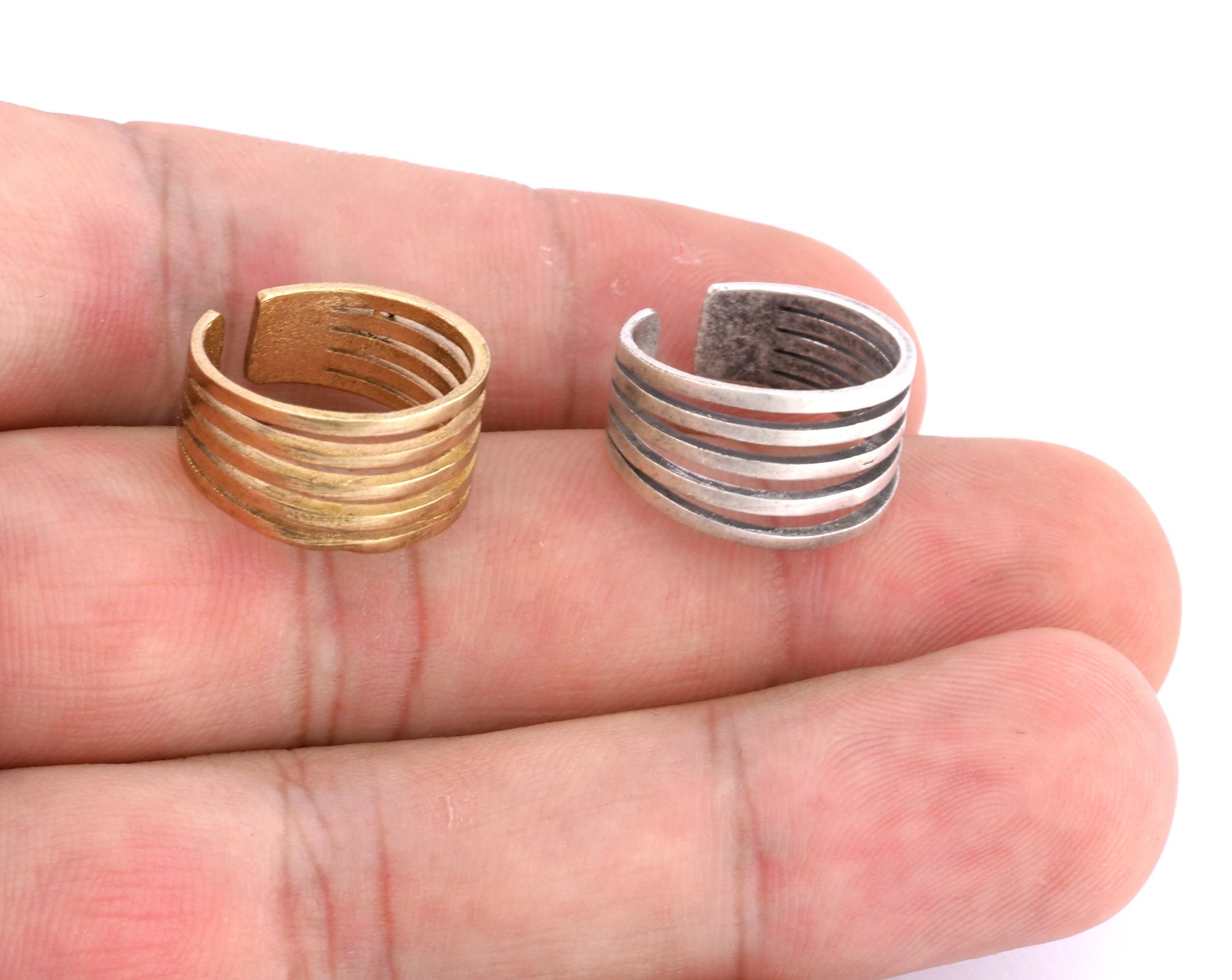 Minimalist Lines Adjustable 5 line Ring Raw brass - Antique Silver Plated (4 - 6US inner size) 5036