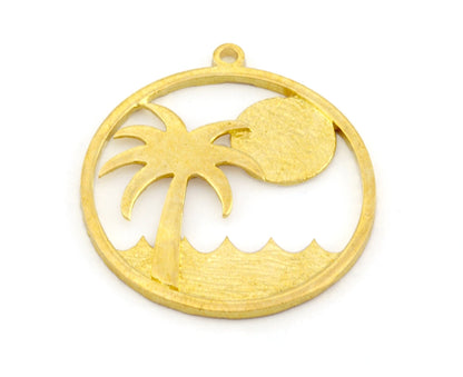 Palm Sun Beach Wave Charms Round Pendant Raw Brass 33x29mm 5013