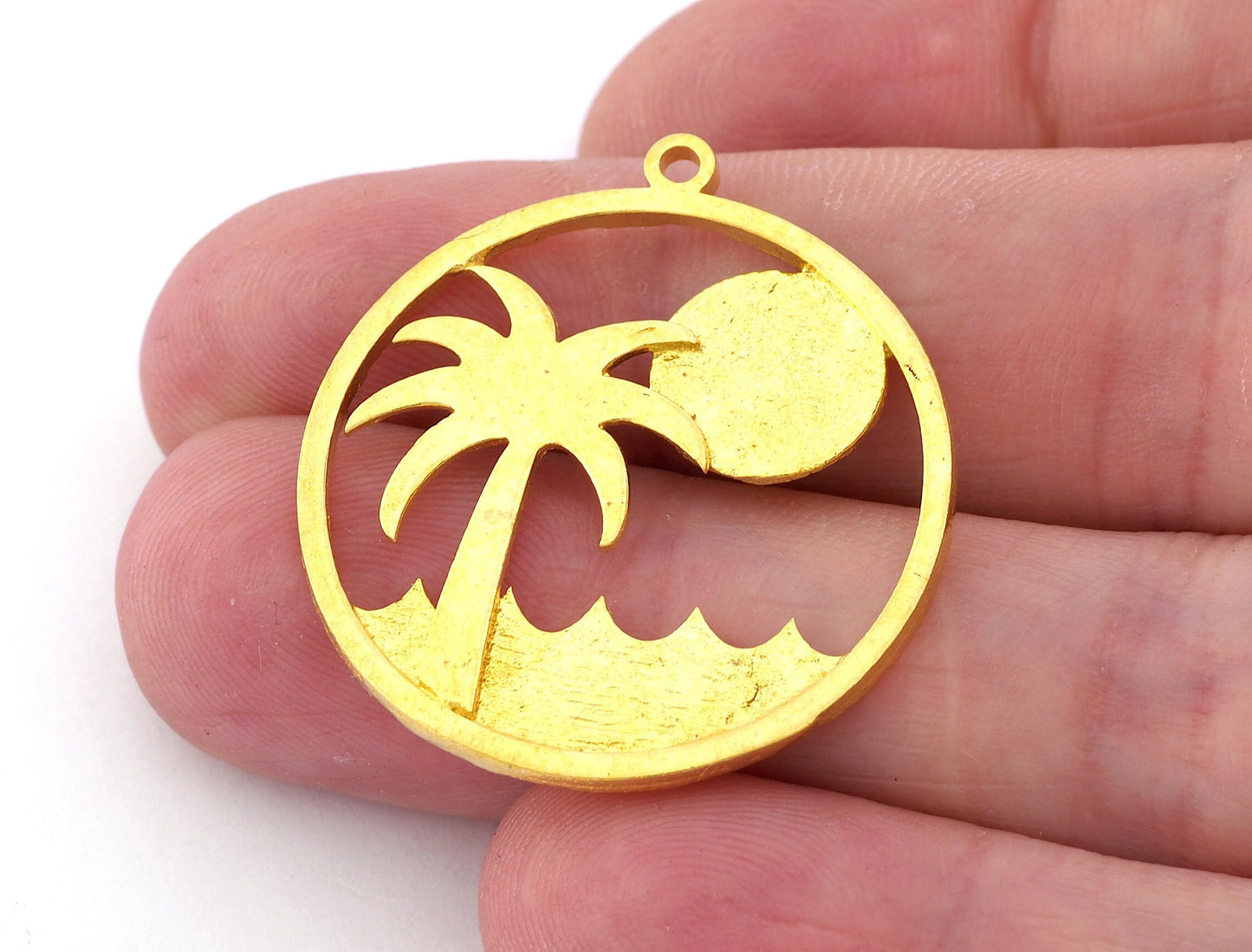 Palm Sun Beach Wave Charms Round Pendant Raw Brass 33x29mm 5013