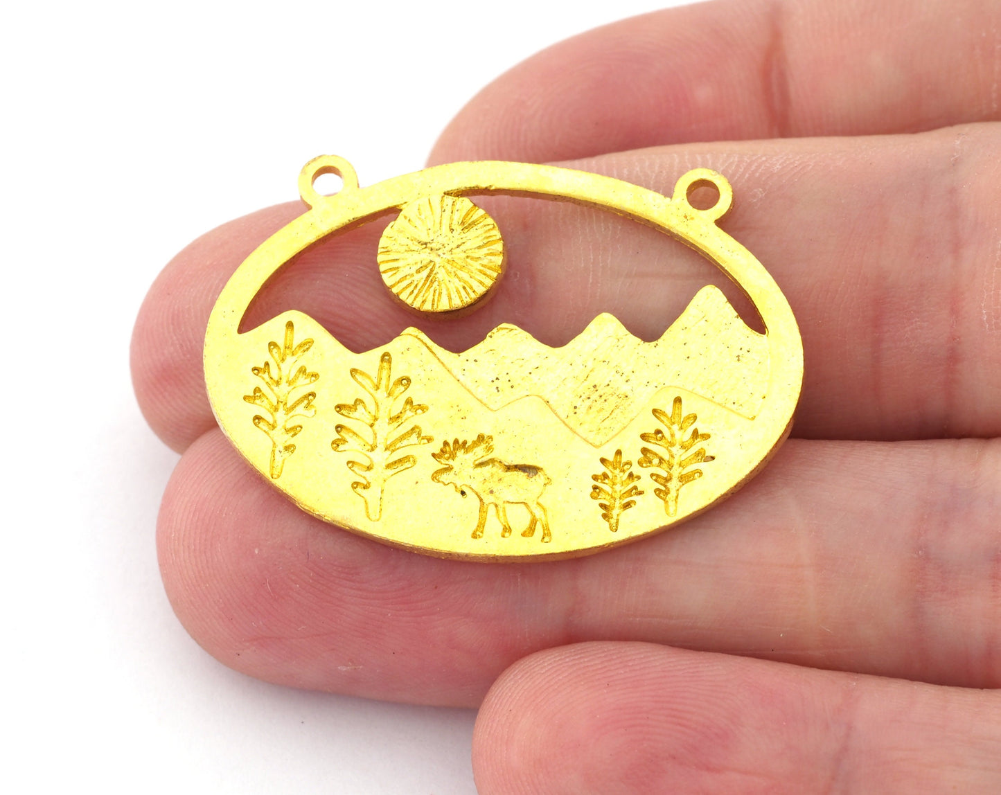 Landscape Deer Tree Forest Charms Connector Mountain Pendant Raw Brass 36x25mm 5014