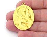 Pine Crescent Deer Landscape Tree Moon Charms Pendant Raw Brass - Antique Silver - Shiny Silver - Shiny Gold Plated 41x30mm 5016